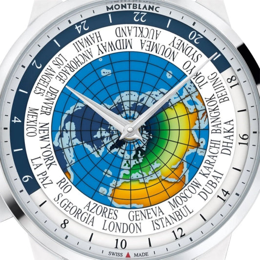 Montblanc orologio heritage spirit orbis terratum latino unicef in acciaio con quadrante mappamondo colorato e funzionalità utili agli orari globali