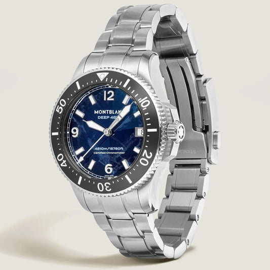 Montblanc iced sea oxygen deep 4810 orologio da immersione in titanio con quadrante blu e cinturino acciaio argento