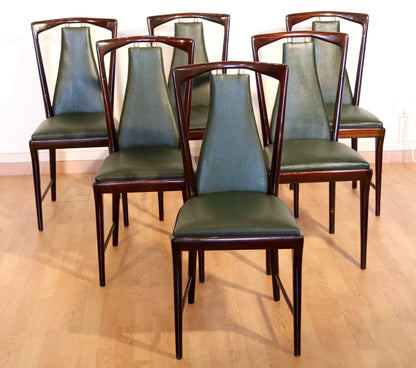 Set 6 sedie di metà secolo di Osvaldo Borsani, Atelier Borsani Varedo, mogano, palissandro pelle e ottone, Italia, anni '50