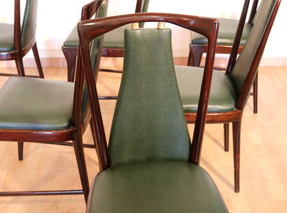 Set 6 sedie di metà secolo di Osvaldo Borsani, Atelier Borsani Varedo, mogano, palissandro pelle e ottone, Italia, anni '50
