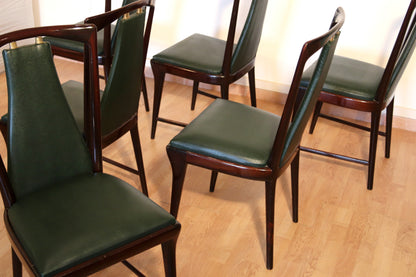 Set 6 sedie di metà secolo di Osvaldo Borsani, Atelier Borsani Varedo, mogano, palissandro pelle e ottone, Italia, anni '50