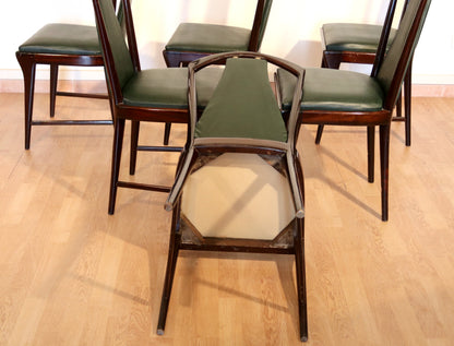 Set 6 sedie di metà secolo di Osvaldo Borsani, Atelier Borsani Varedo, mogano, palissandro pelle e ottone, Italia, anni '50