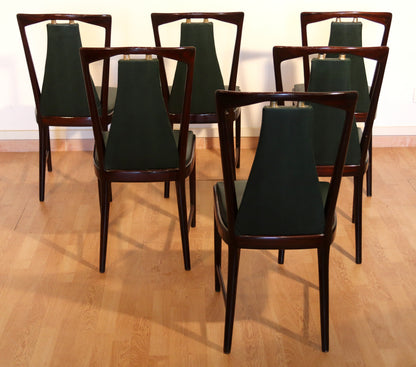 Set 6 sedie di metà secolo di Osvaldo Borsani, Atelier Borsani Varedo, mogano, palissandro pelle e ottone, Italia, anni '50