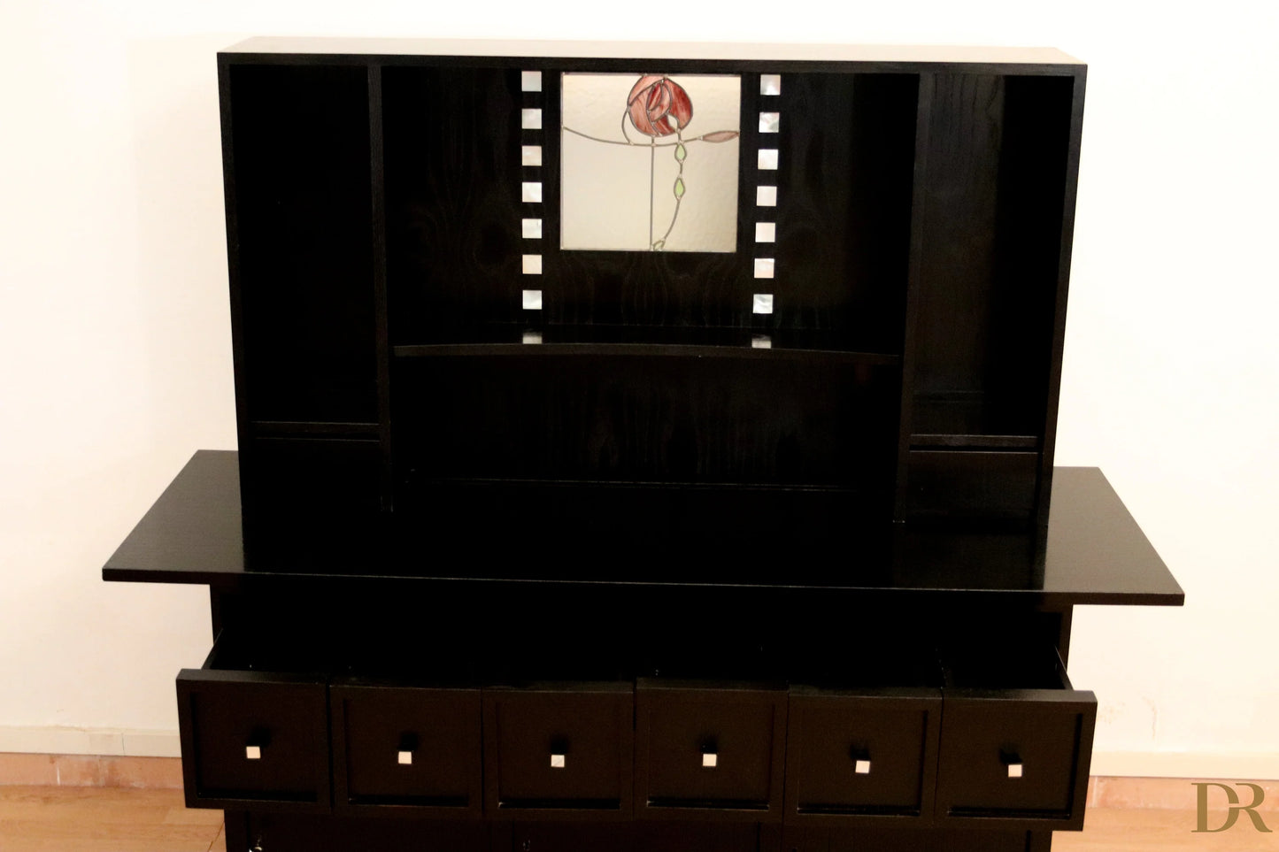 Black lacquered credenza ds5 by charles rennie mackintosh with stained glass red rose panel and white accents, anni 90