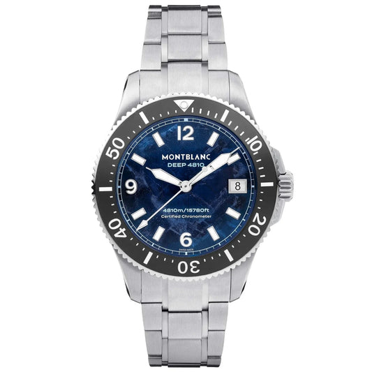 Montblanc iced sea oxygen deep 4810 quadrante blu profondo con bracciale in acciaio inox argento e numeri bianchi
