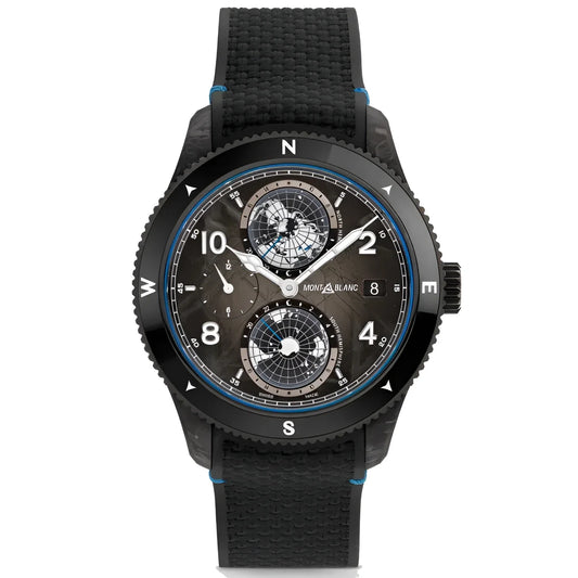Montblanc orologio 1858 geosphere carbo₂ edizione limitata 43mm nero in carbonio con quadrante scuro e dettagli blu