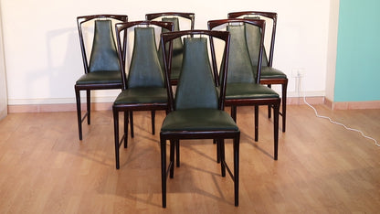 Set 6 sedie di metà secolo di Osvaldo Borsani, Atelier Borsani Varedo, mogano, palissandro pelle e ottone, Italia, anni '50