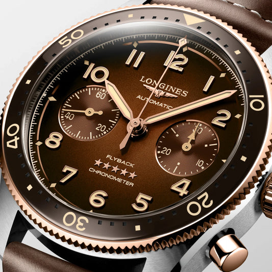 Longines orologio Spirit Flyback 42mm marrone automatico acciaio e oro rosa 18kt L3.821.5.59.2